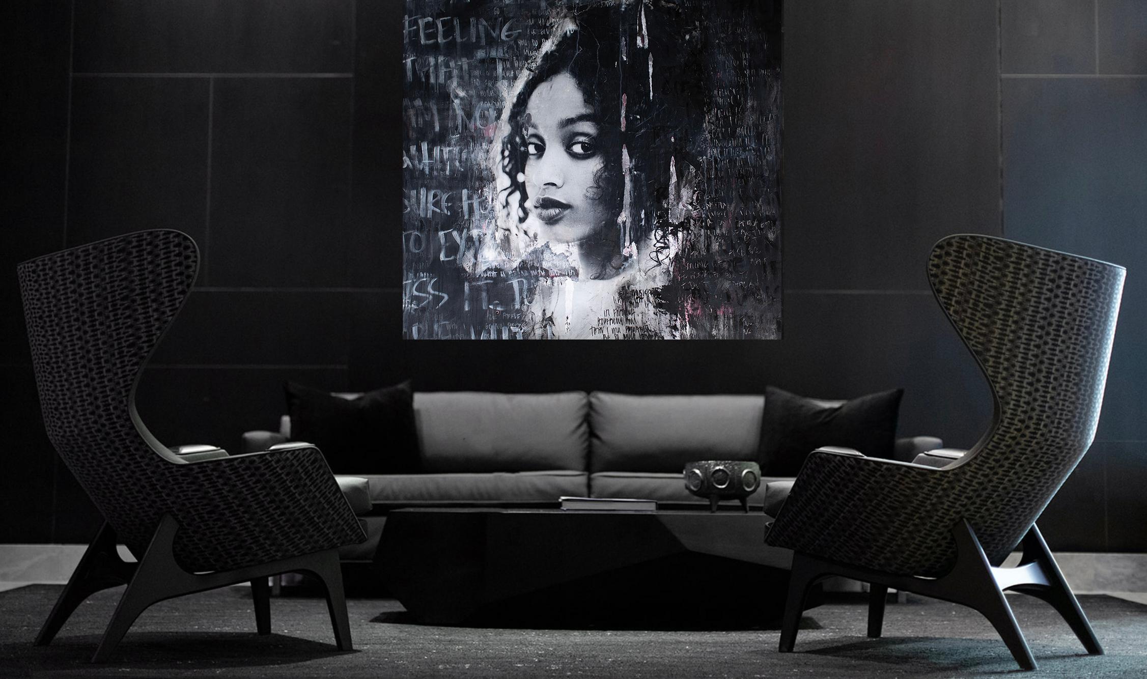 Arte moderno, pintura de retratos, arte de retratos en técnica mixta-Perdido entre líneas - Painting de Addison Jones