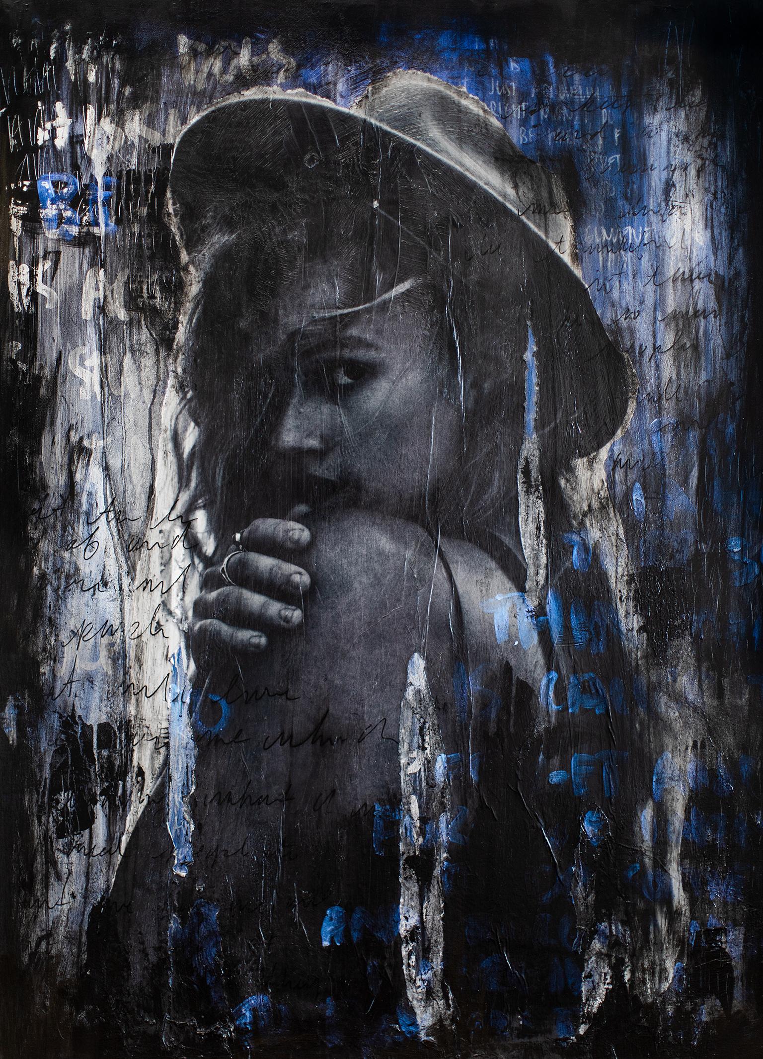 Addison Jones Portrait Painting – Schwarz-blaues Porträtgemälde, Street Art, Porträtkunst-Come With Me 0220