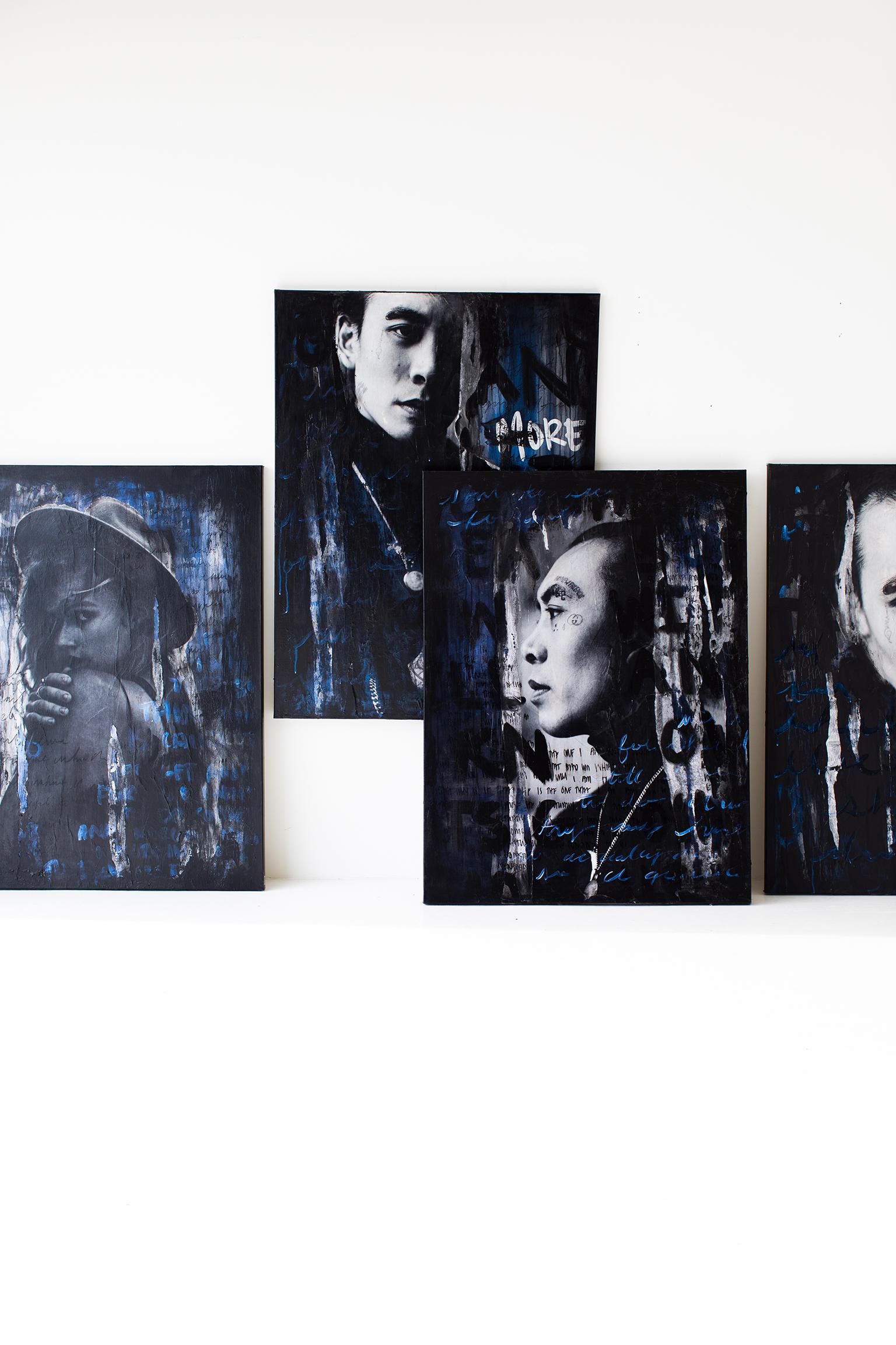 Black and Blue Portrait Painting, Street Art, Portrait Art-Come With Me 0220 For Sale 1