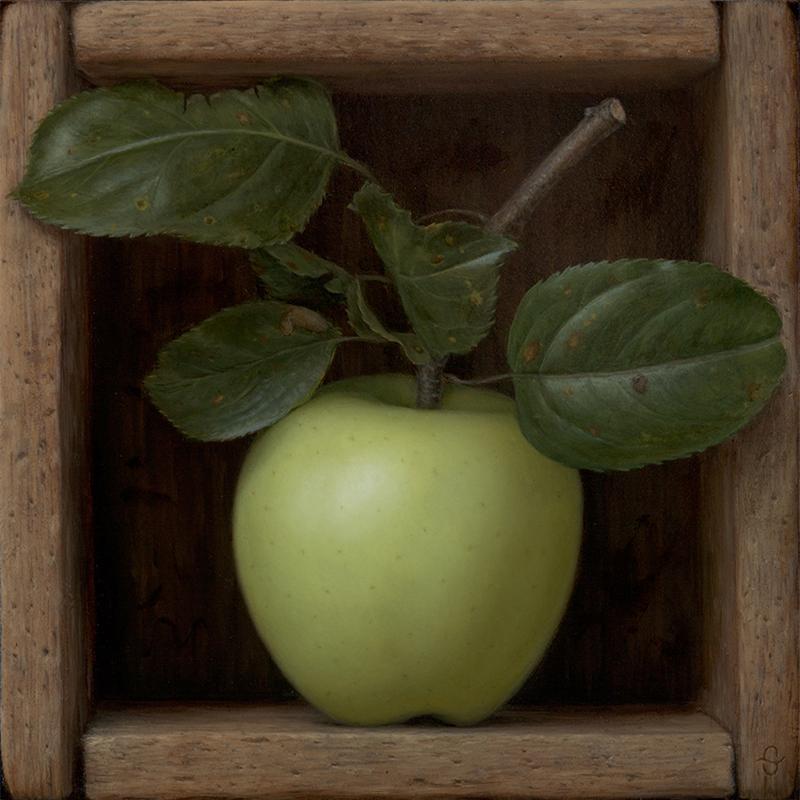 Sean Beavers Still-Life Painting - Boxed Green Apple