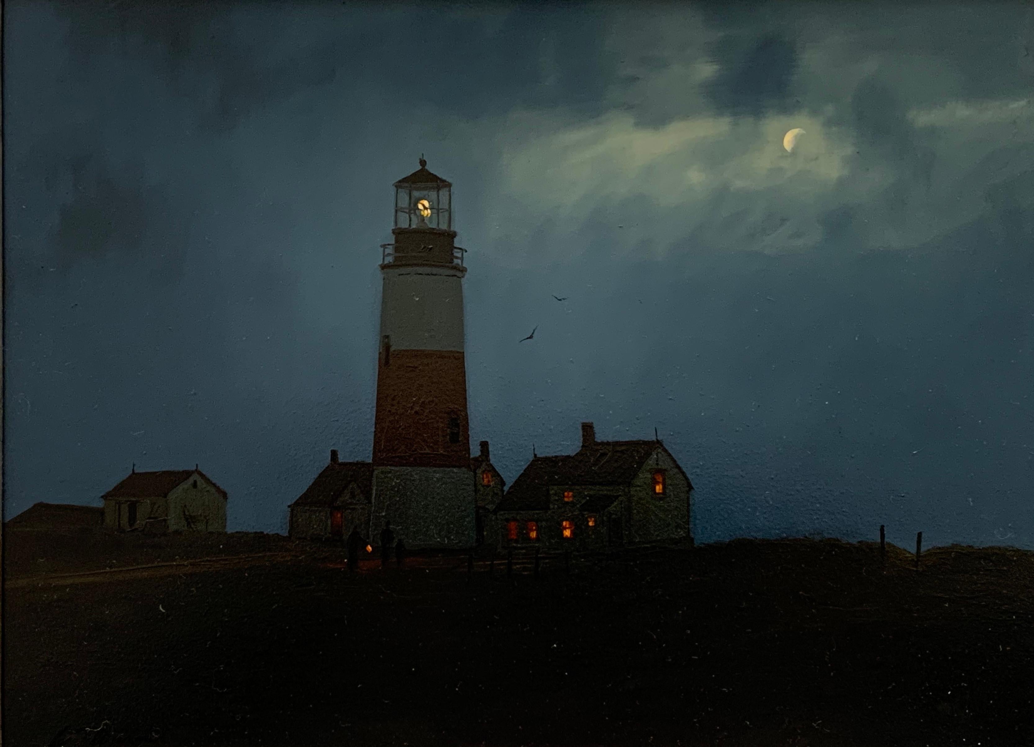 William R Davis Landscape Painting - Stormy Night at Sankaty Light, nocturnal landscape by William Davis