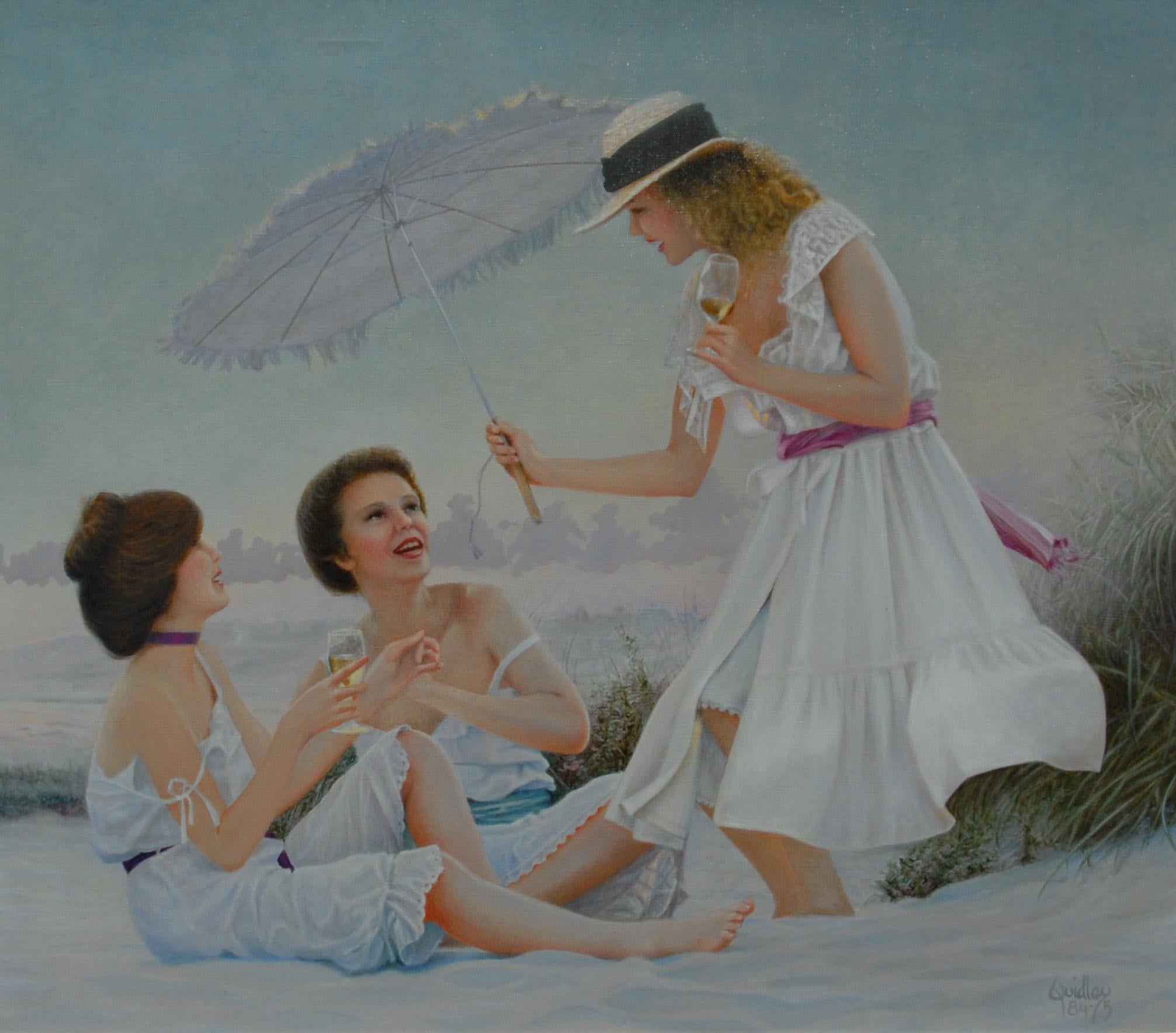 Peter Quidley Figurative Painting - Three Ladies on a Beach
