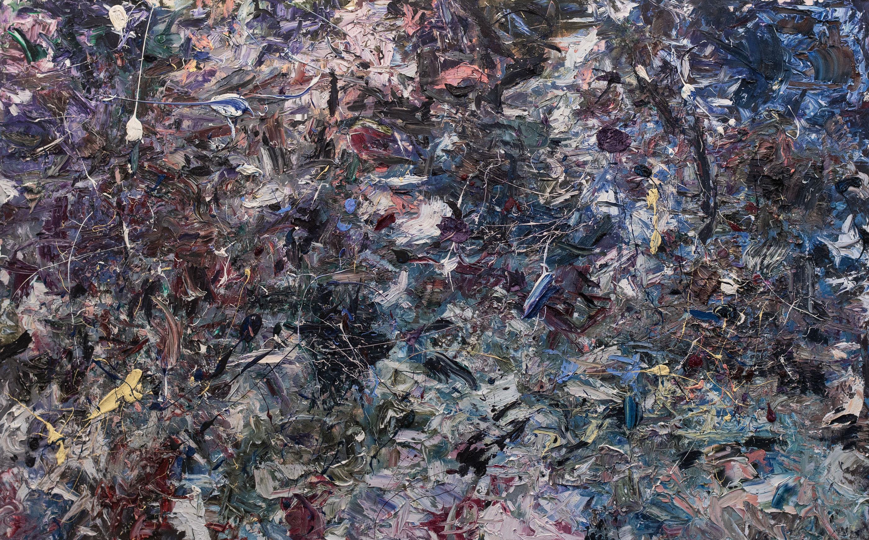 Ein abstraktes Gemälde des zeitgenössischen amerikanischen Malers Greg Vrotsos.  Diese 30x48" große Leinwand ist voll von aggressiven Markierungen in dunklen Farben.

"Meine Werke sind Geschichten. Ich vermittle sie durch Farbe, Formen, Tropfen,