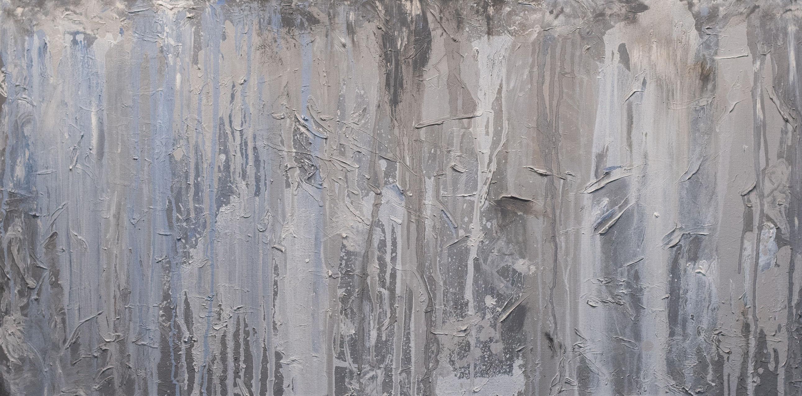 An abstract painting by contemporary American painter Greg Vrotsos.  This 24x48" painting is a series of drips, a study in whites, grays, and silver.

"My works are stories. I communicate them through color, shapes, drips, heavy strokes, stains.