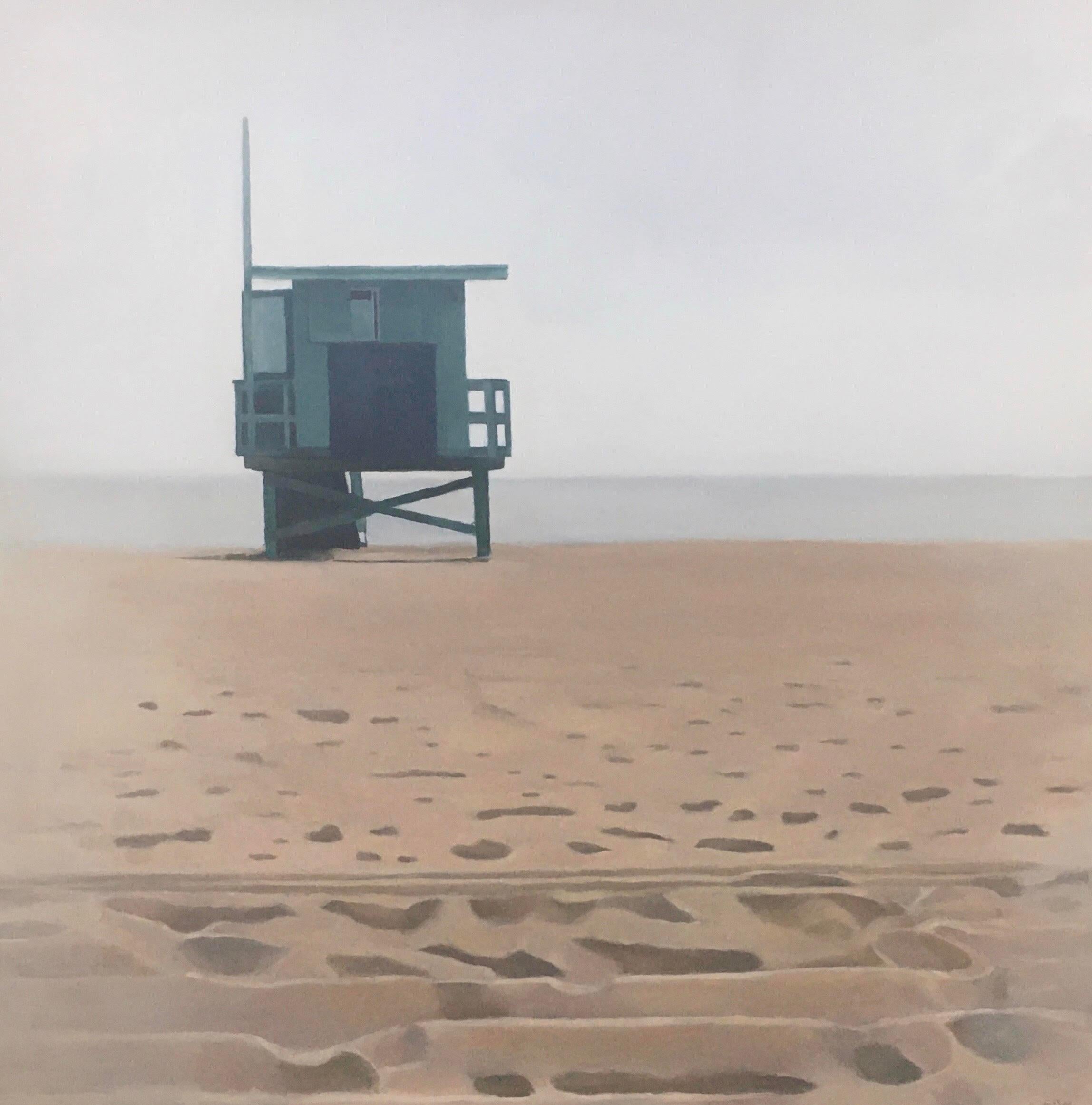 An empty beach on a slightly foggy morning, the only object is a green lifeguard stand above the horizon.  

Stephen was born in Waltham, Massachusetts in 1956. It wasn’t until he was 22 and living in Los Angeles that he began to draw, and soon