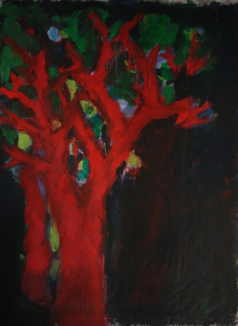 Nathalie Fontenoy French Artist Painting "Arbre" 7 Tree on Canvas - Black Landscape Painting by Nathalie Fontenoy 