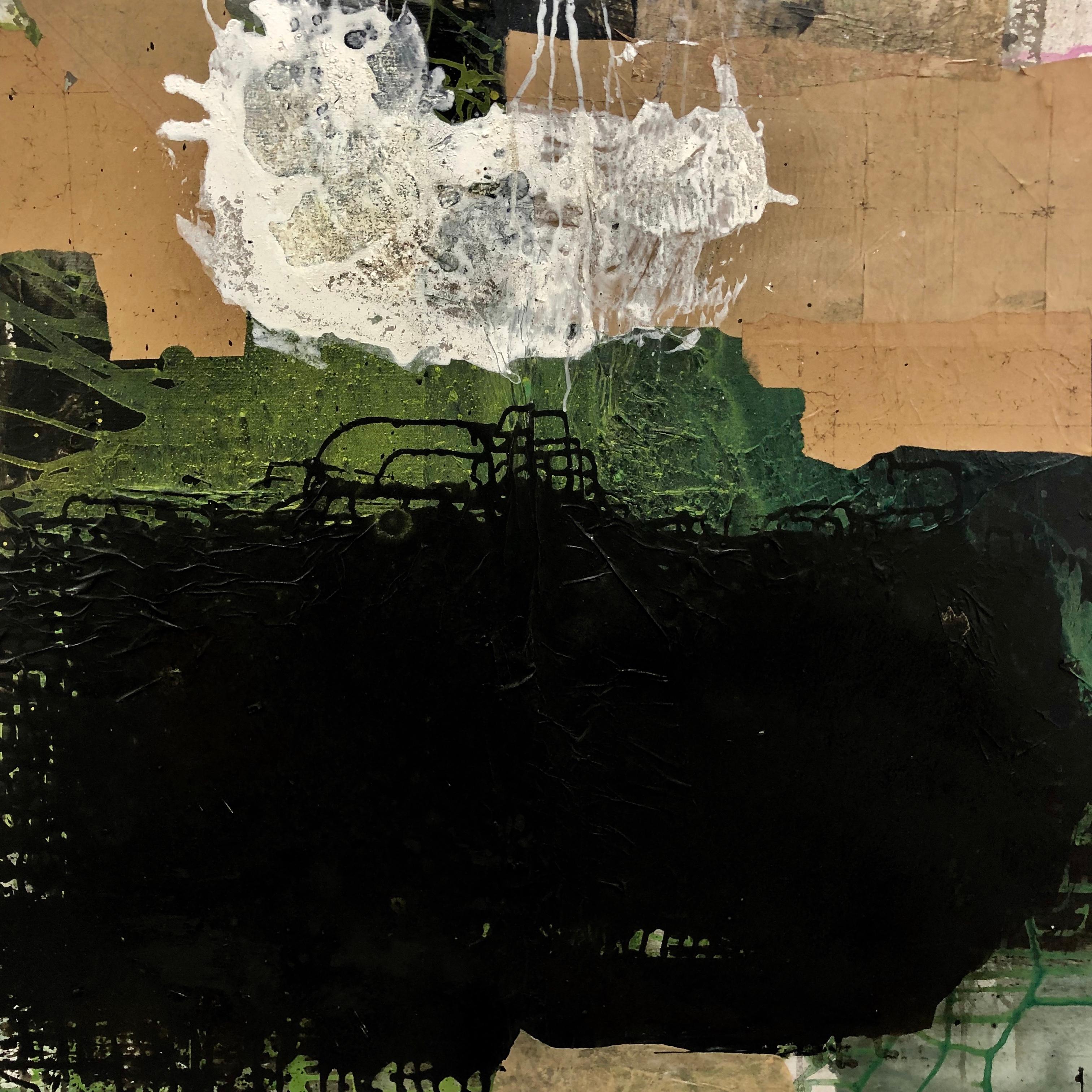 Ines Hildur German Artist Painter " Green and Black Field" Mixed Media on Canvas - Mixed Media Art by Hildur Ines