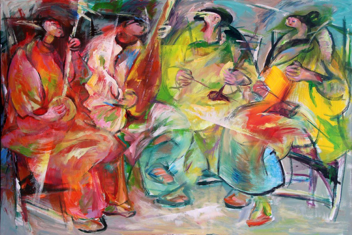 Folk Music-Painting, Musicians, Colorful Figurative Abstract