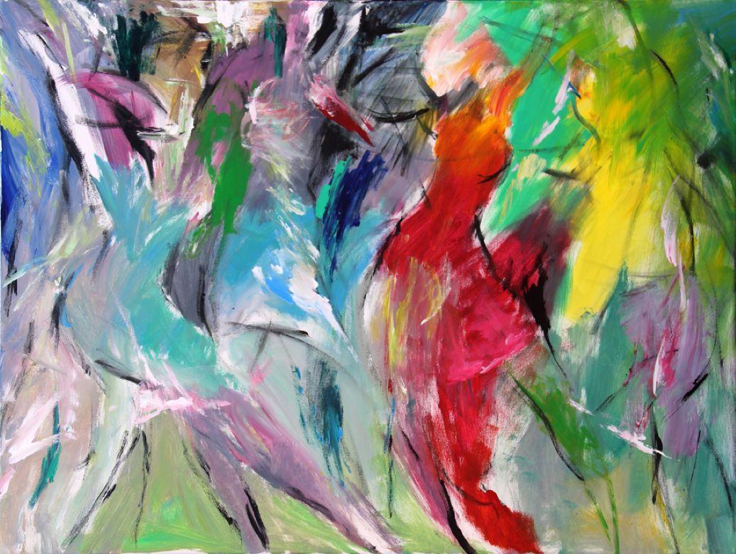 Lei Tang Abstract Painting - Revelry - Painting, Movement, Color, Figurative Abstract by Tang