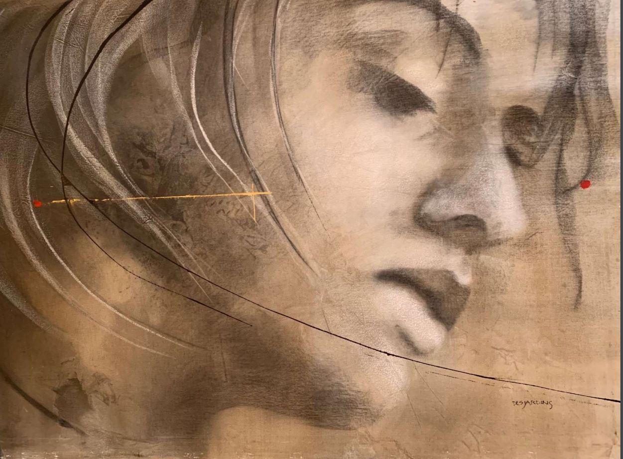 Le Destination - Painting, Charcoal, Face, Earth Tones by Desjardins - Mixed Media Art by Andre Desjardins