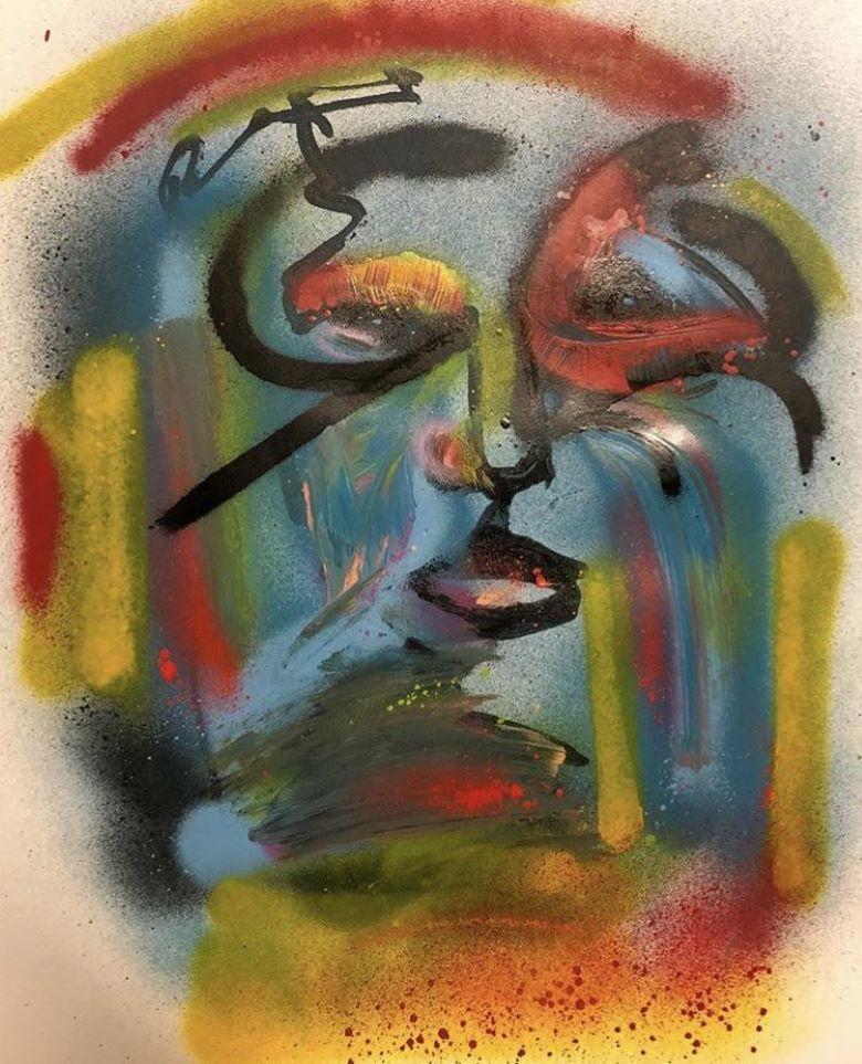 Paul Kaplan Pivotal Mixed Media Painting on Paper, Bright, Vibrant