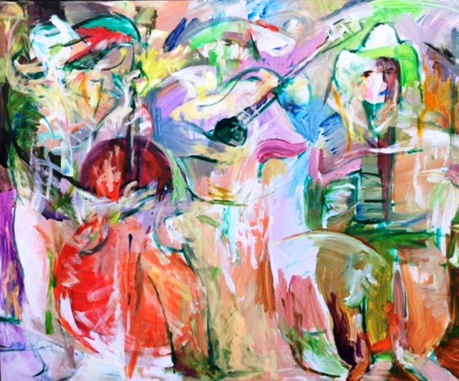 Street Artist - Painting, Bright, Musical, Figurative Abstract by Tang