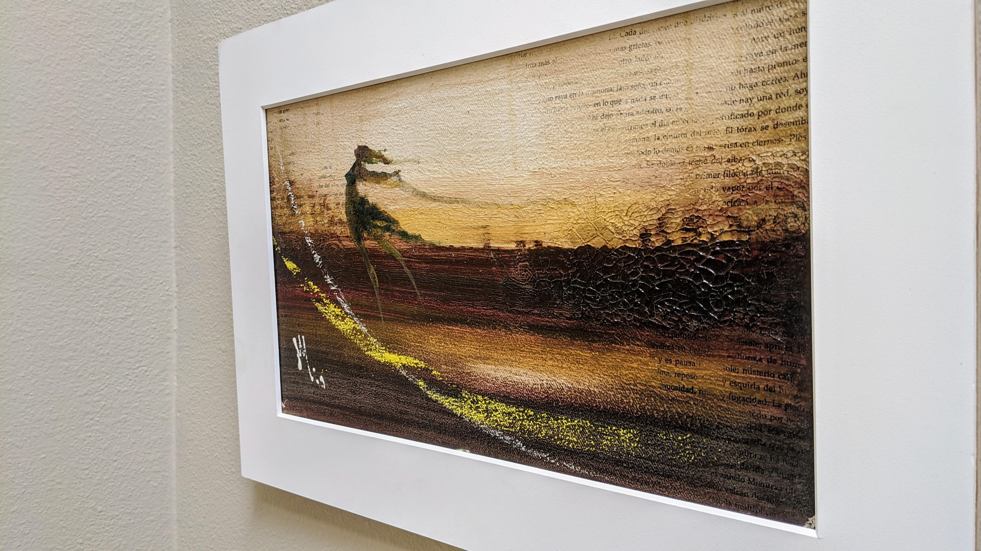 This mixed media painting by Mendel Samayoa, is part of his “Literary” series based on poetry by Paolo Guinea. Samayoa employs pages of Guinea’s poetry into the canvas of his oil paintings converting the words into images. His brushstrokes bend