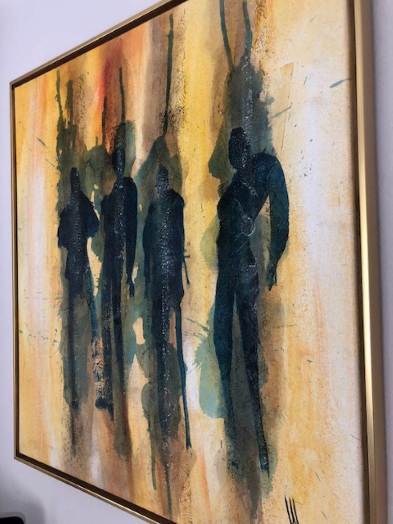 Painting, Abstract, Figurative, Yellow, Bold Colors, Gold Contemporary Frame - Brown Abstract Painting by Mendel Samayoa