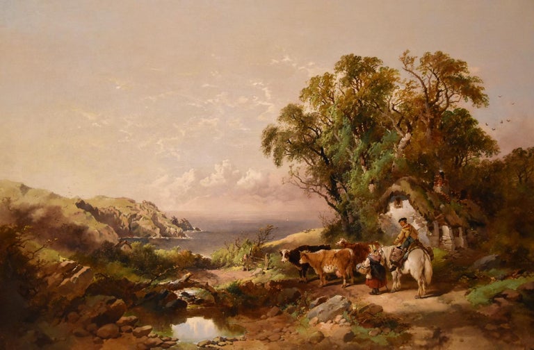 "Crofters by the Coast" Oil Painting by Joseph Horlor. Joseph Horlor 1809-1886 was a Bristol painter of rustic and coastal landscapes, he exhibited at the Royal Society and British institution. Oil on canvas. Signed original frame and dated 1859