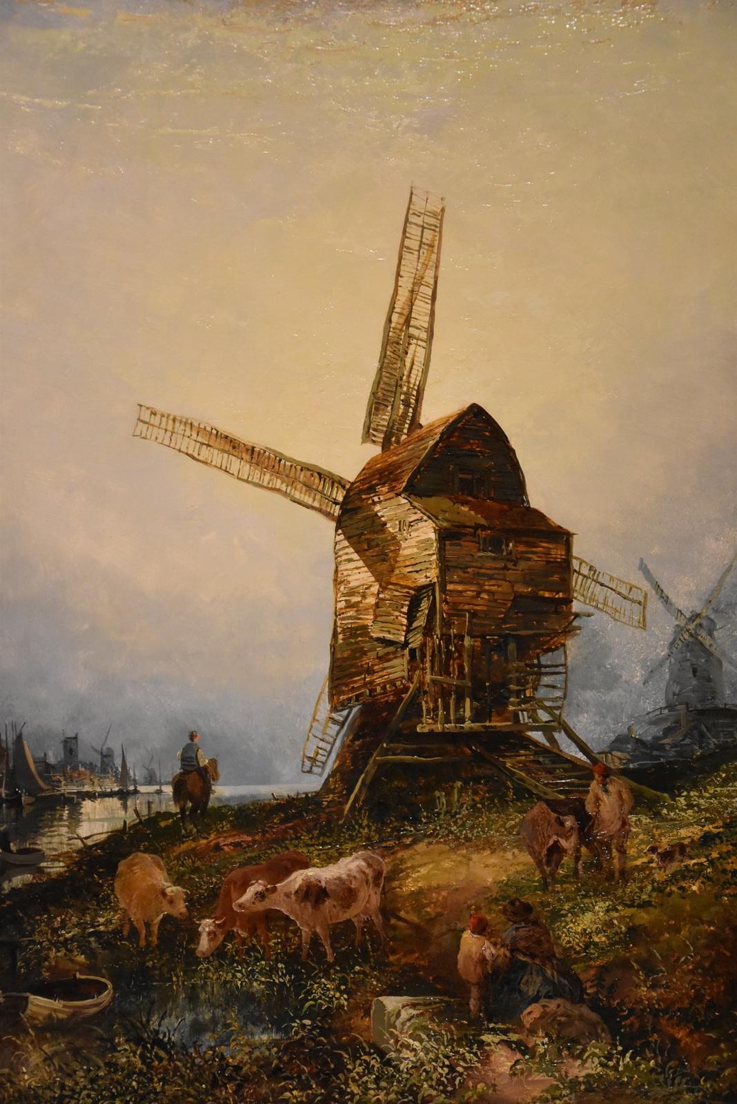 "Moulins à vent sur une voie d'eau néerlandaise" par Joseph Paul. Joseph Paul était un peintre paysagiste de Norwich dans la tradition hollandaise. Exposant local régulier. Huile sur toile. 

Dimensions sans cadre
hauteur 30" x largeur