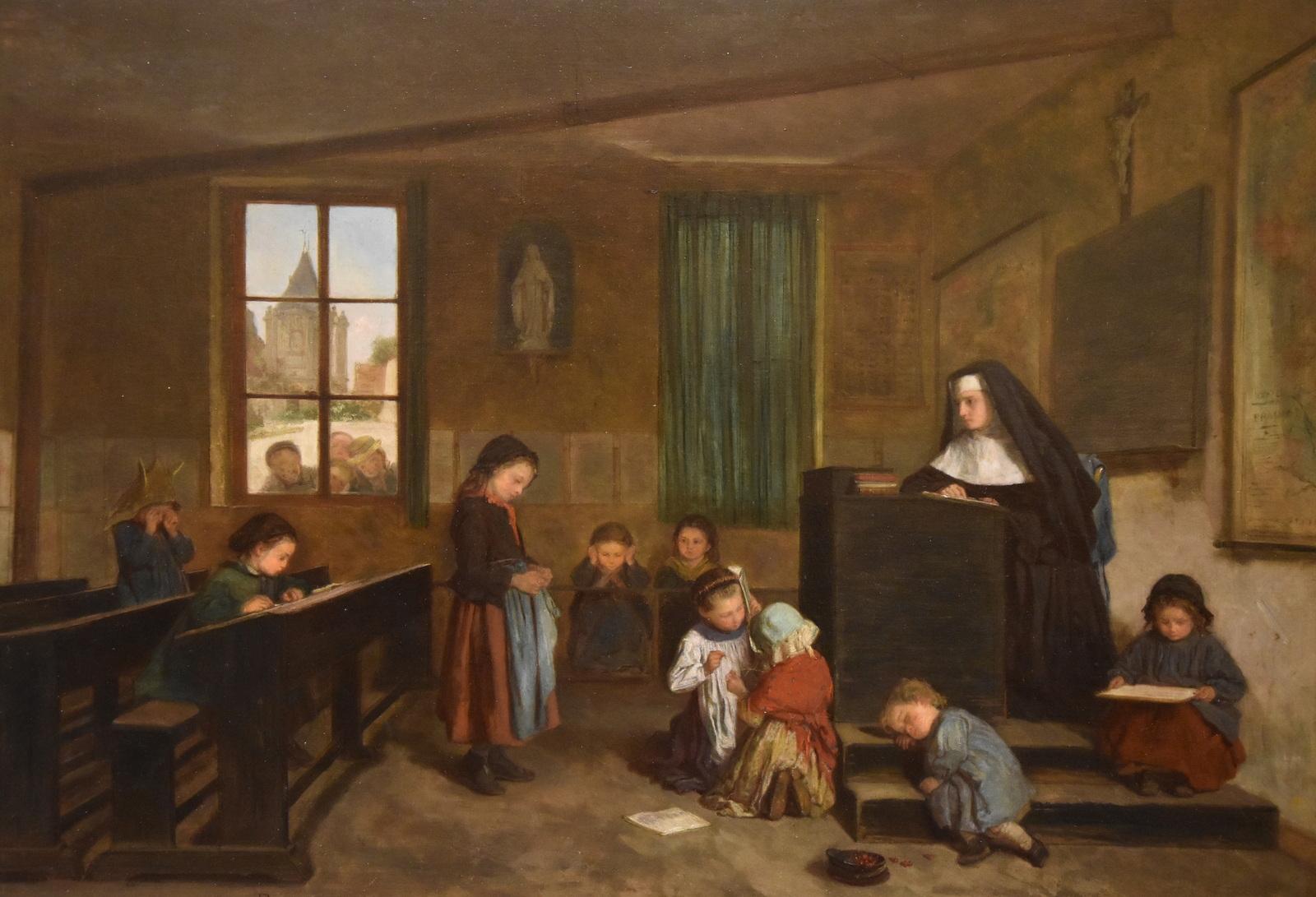 Figurative Painting Théophile Emmanuel Duverger - Peinture à l'huile « The Schoolroom » (La chambre d'école) de Theophile Emmanuel Duverger