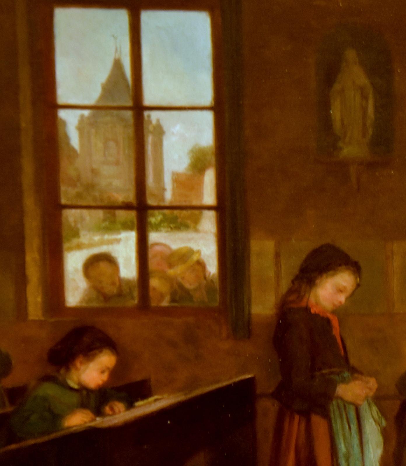 Peinture à l'huile « The Schoolroom » (La chambre d'école) de Theophile Emmanuel Duverger - Marron Figurative Painting par Théophile Emmanuel Duverger