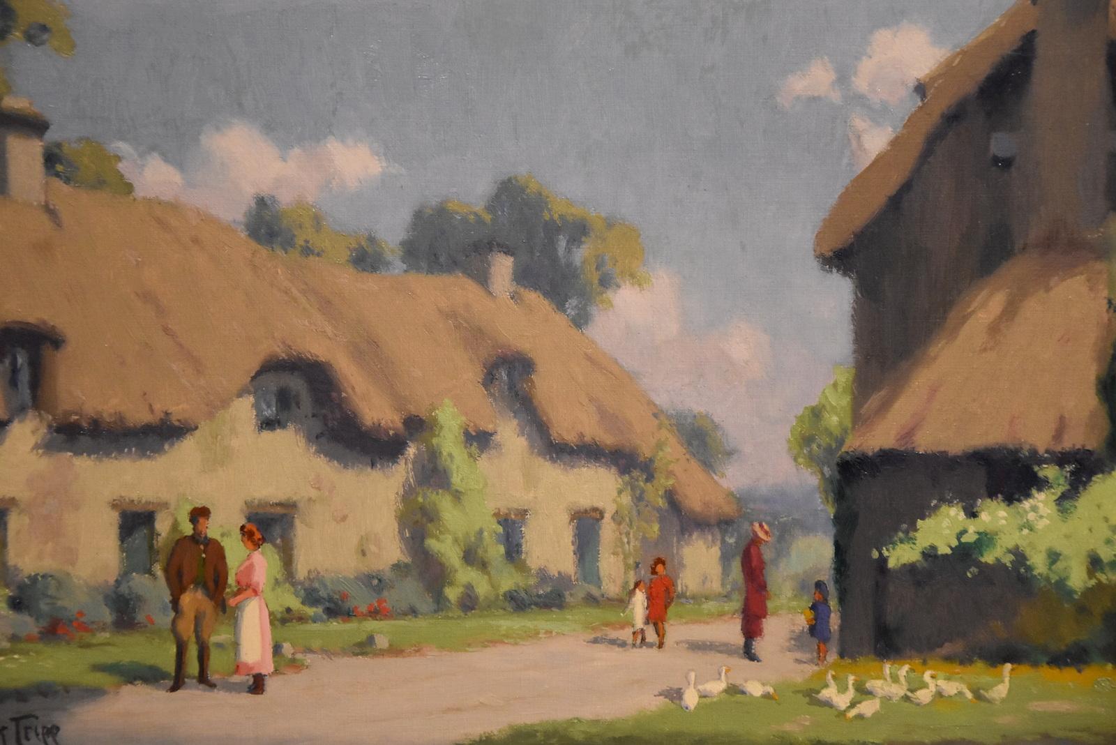 "A Village High Street" by Sir Herbert Tripp. Sir Herbert Tripp c.b.e 1883-1954 was a painter poster artist draughtsman illustrator and writer. Regular exhibitor Royal Academy. Assistant commissioner of the London Metropolitan Police. Oil on board.