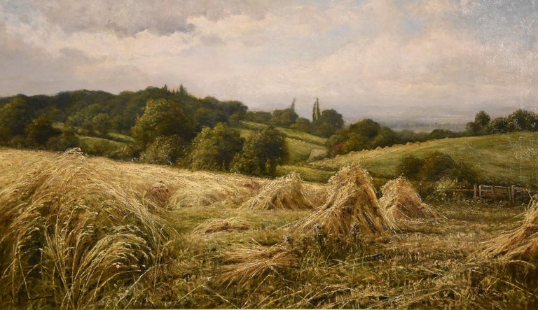 "Cornstukes"by Henry John Kinnaird. Henry John Kinniard 1861-1929 was a London Paris painter of home counties rustic and river landscapes, he exhibited at the Royal Academy and society. Oil on canvas. Signed.

Dimensions unframed
height 18" x width