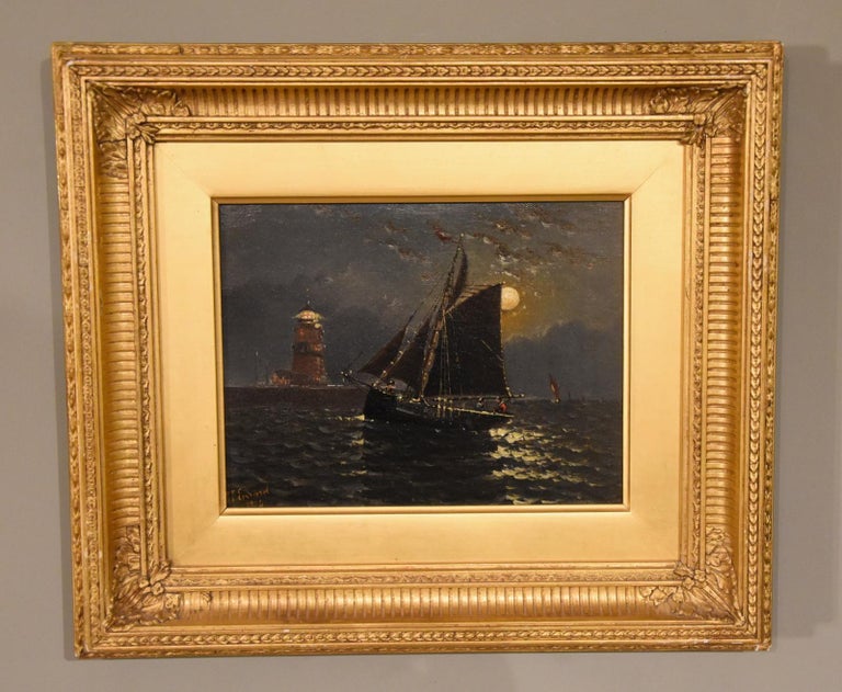 Oil Painting by John James Everard “Coastal Scene by Moonlight”  1