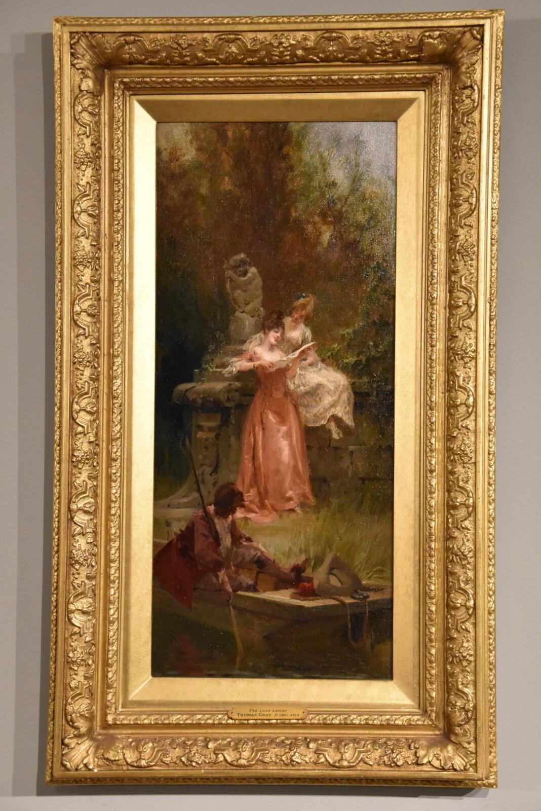 Oil painting Pair by Thomas Gray “The Love Letter” and “The Serenade”. Thomas Gray flourished 1881 – 1914. Figure and domestic painter from London he exhibited at the Royal Academy . Royal Institute and Liverpool. Both Oil on canvas, signed and