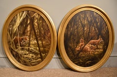 Vintage Oil Painting Pair by Mick Cawston “Foxes at Play”