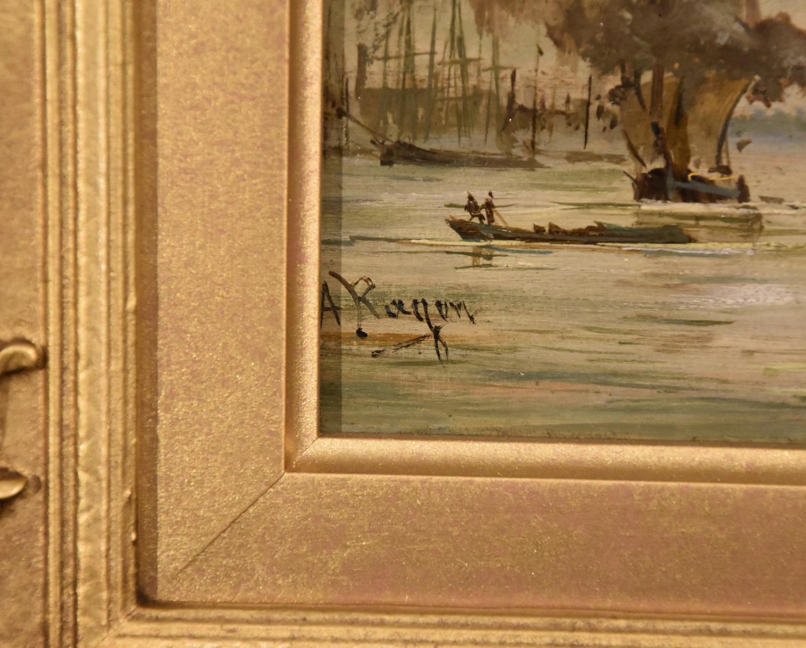 Oil painting by Adolphe Ragon “On the Thames near Woolwich”. Adolphe Ragon 1847 -1924. A Leigh – on -Sea painter of coastal and historical marines. Regular exhibitor in London and Manchester. Oil on Panel. Signed, inscribed with title