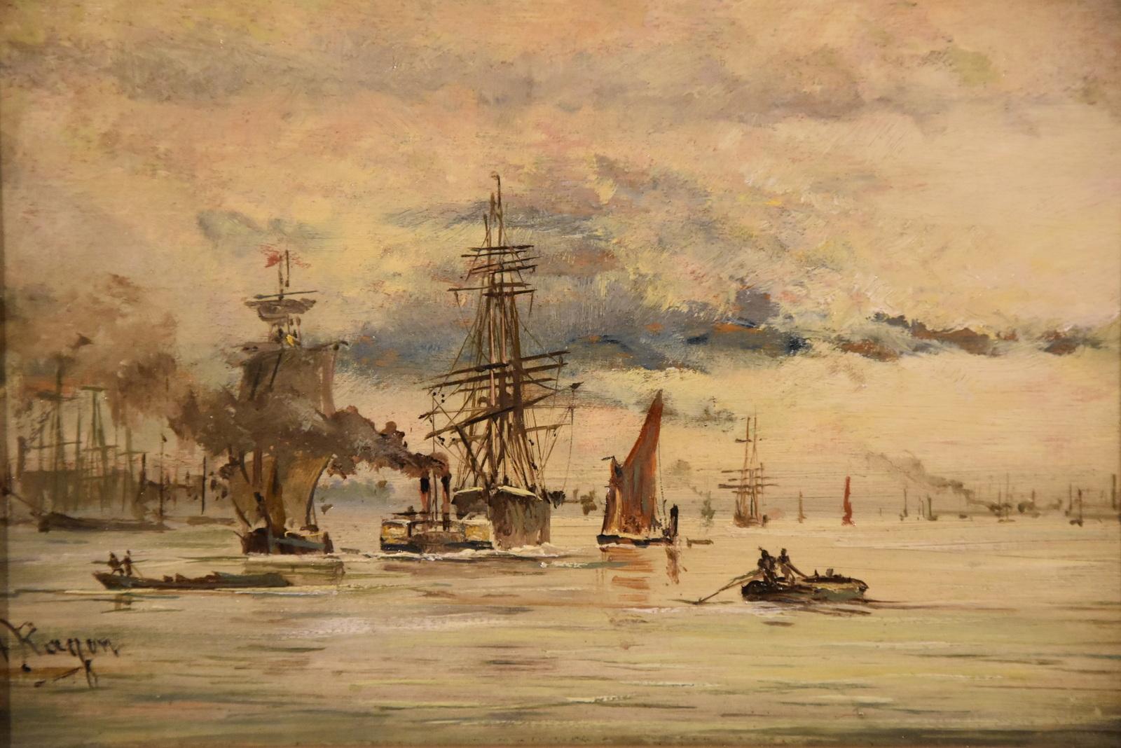 Adolphe Ragon - Oil painting by Adolphe Ragon “On the Thames near Woolwich”  at 1stDibs