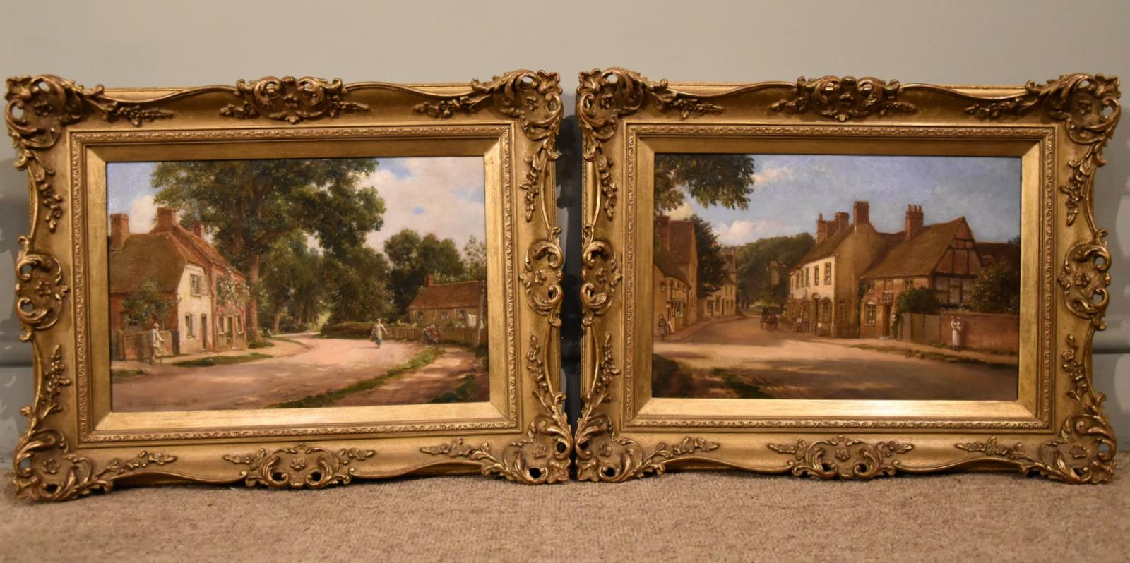 Ölgemälde Paar von Alfred Kedington Morgan "Village High Street". Alfred Kedington Morgan A.R.E 1868-1928. Landschafts- und Porträtmaler sowie Radierer. Kunstlehrer an der Rugby School. Ausgestellt in der Royal Academy und in der Society of Etchers