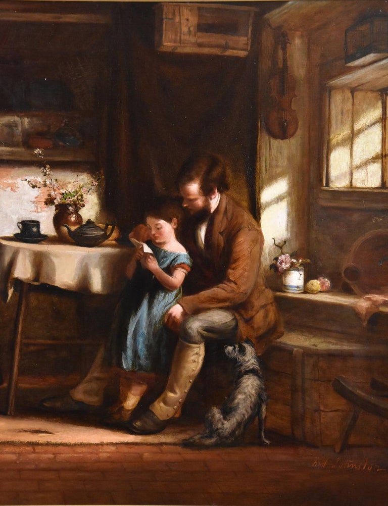 Oil Painting Frederick Johnston “The Reading Lesson” - Brown Interior Painting by Frederick Johnston