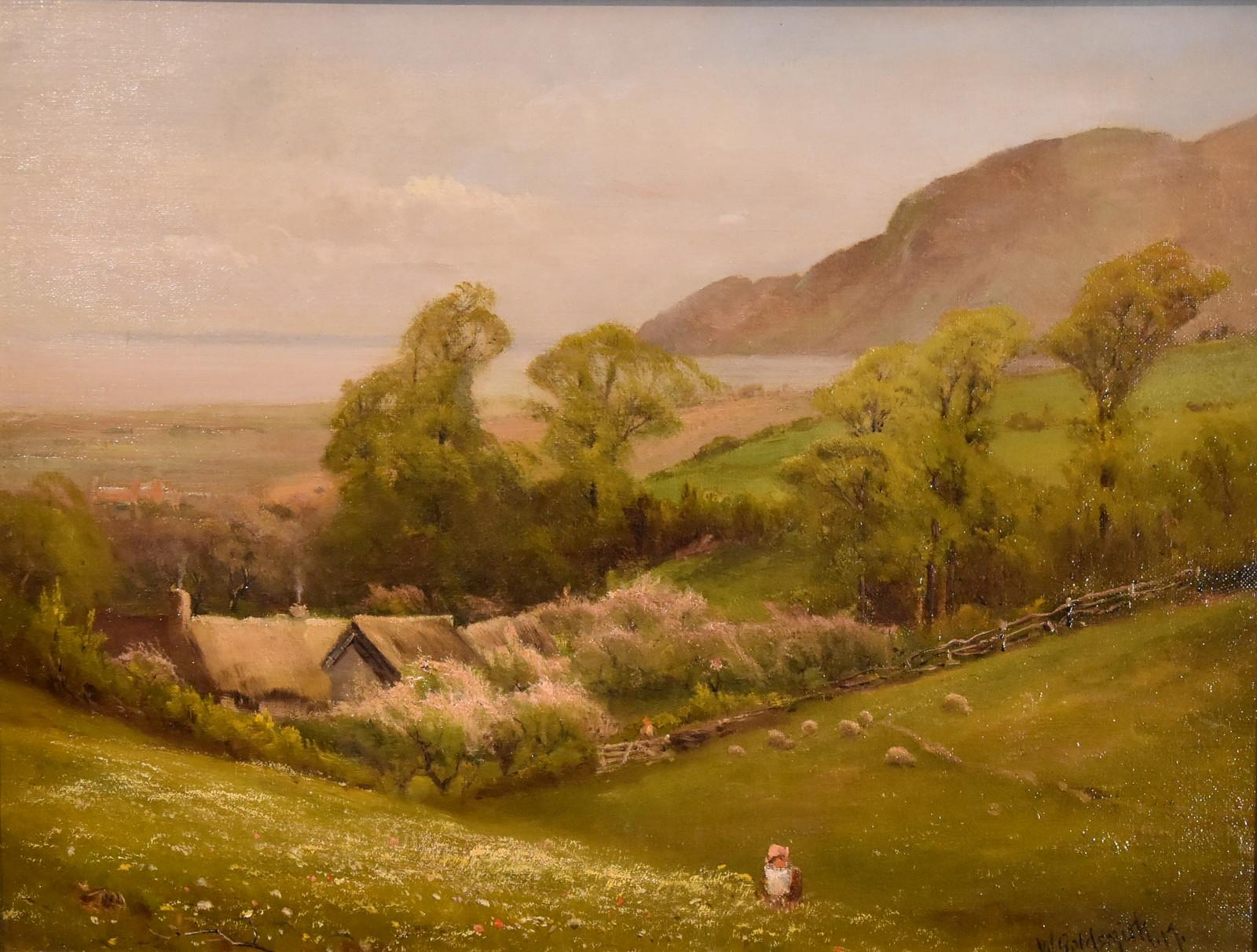 Pintura al óleo de Walter Henry Goldsmith "Primavera, Porlock, Somerset" 1857- 1943. Maidenhead Artista al óleo y a la acuarela, que pintó vistas del Támesis y paisajes del sur, expuso en la sociedad de la Royal Academy en la Victoria Royal Gallery