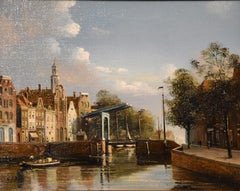 Pittura a olio di George Jan Dispo "Un ponte girevole di Amsterdam".