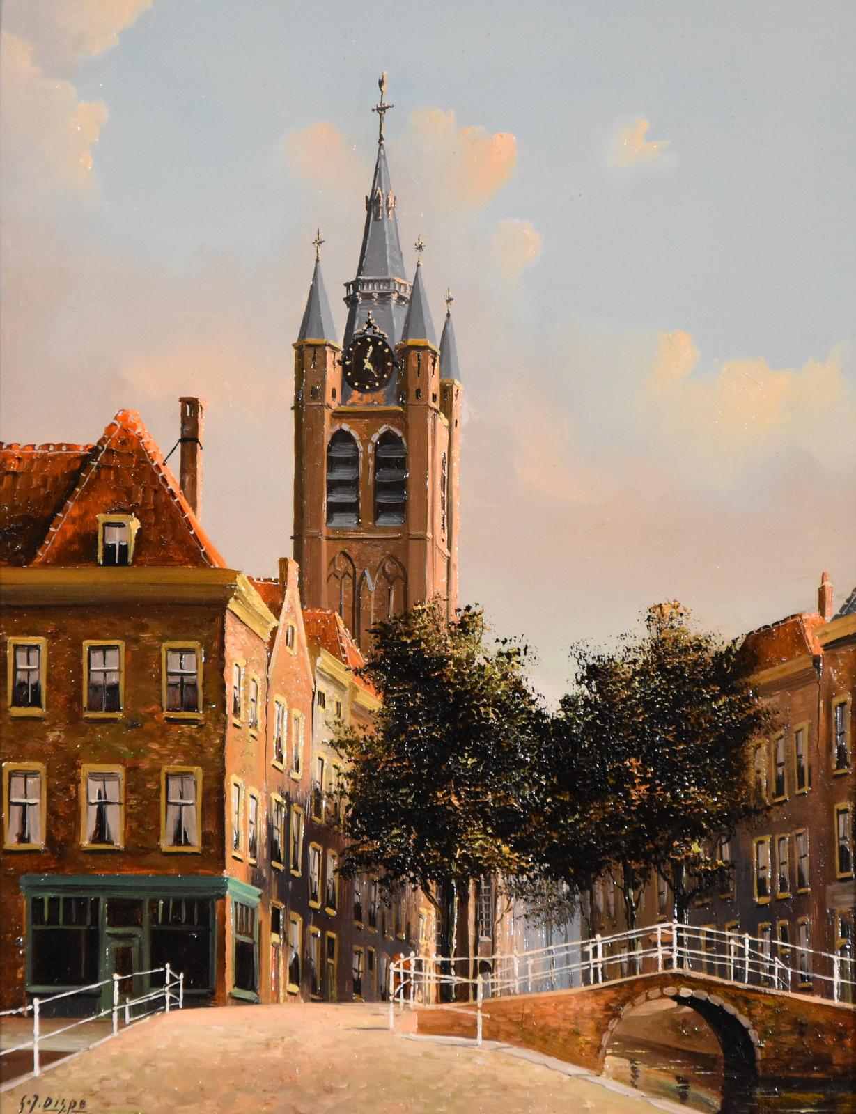 Pittura a olio di George Jan Dispo "Vecchia Amsterdam" 1922-1973 Dispo era un pittore olandese che ritraeva gli edifici e i canali di Amsterdam. Ha studiato sotto la guida del padre Jacobus e all'Accademia Reale di An He. Olio su tela. Firmato,