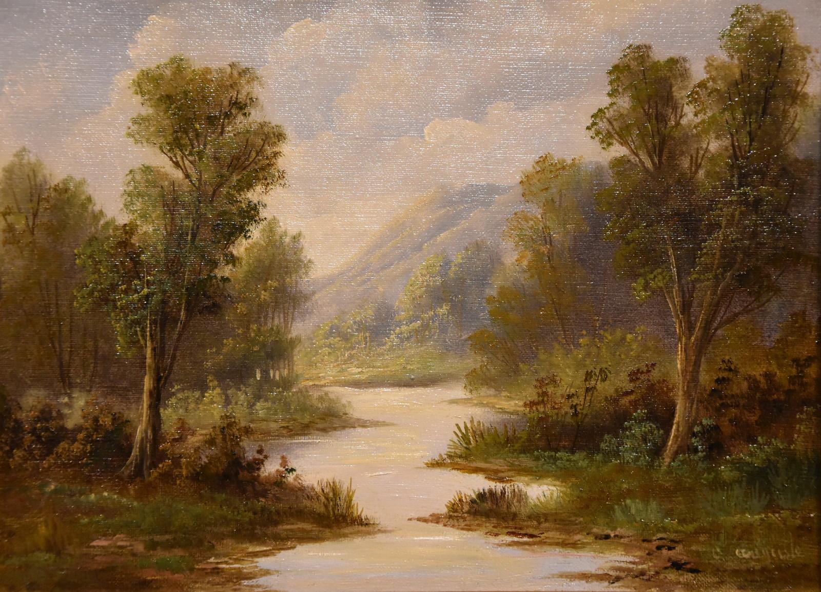 Oil Painting by A Auguste "A Tranquil River Landscape" flourished 1900 -1910 A well- executed landscape of the Edwardian era when the colour palette was softening and brushstrokes were becoming more impressionistic. Oil on canvas. Signed