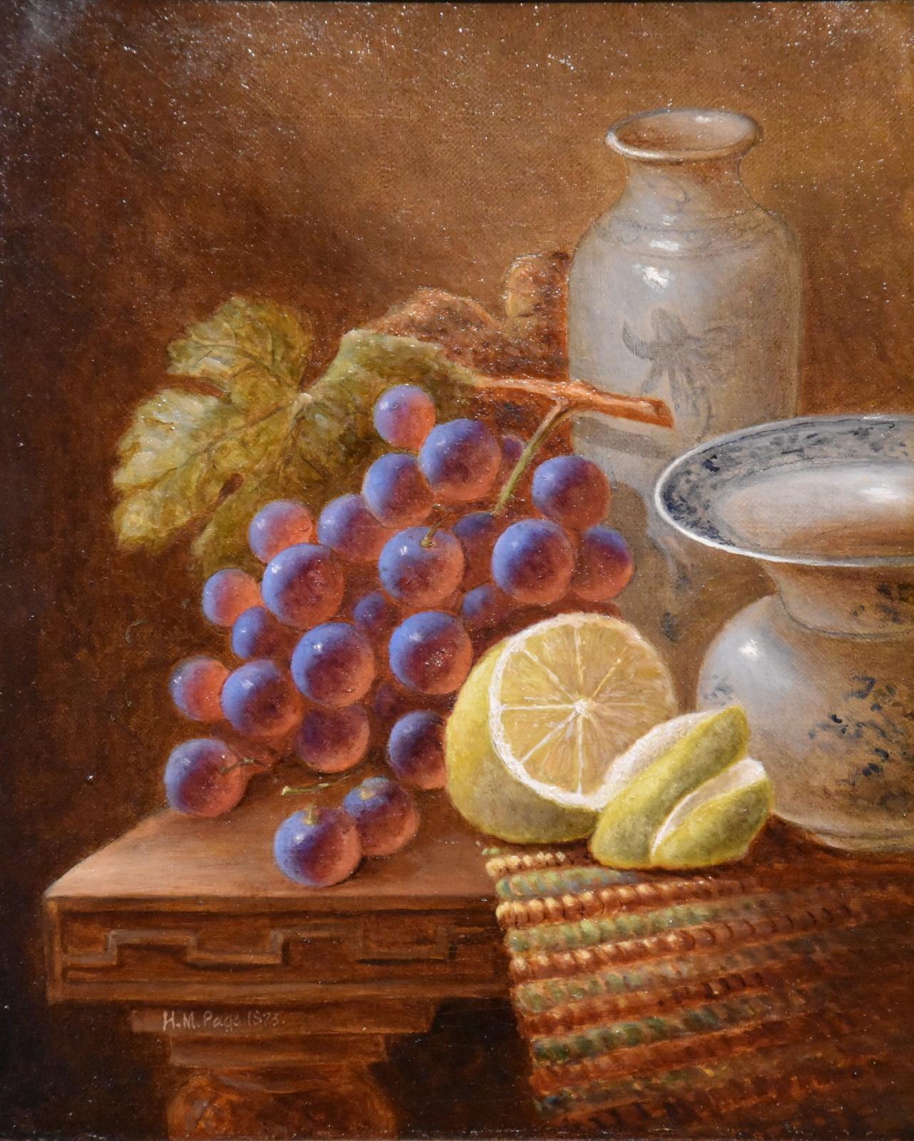 Oil Painting by Henry Maurice Page "Lemons and Grapes" flourished 1845 -1908 Painter of rural landscapes, animals and still-life. He lived in Sandwich and Croyden and is well-represented in both local museums. Exhibited R.A and R.B.A. Oil on canvas.