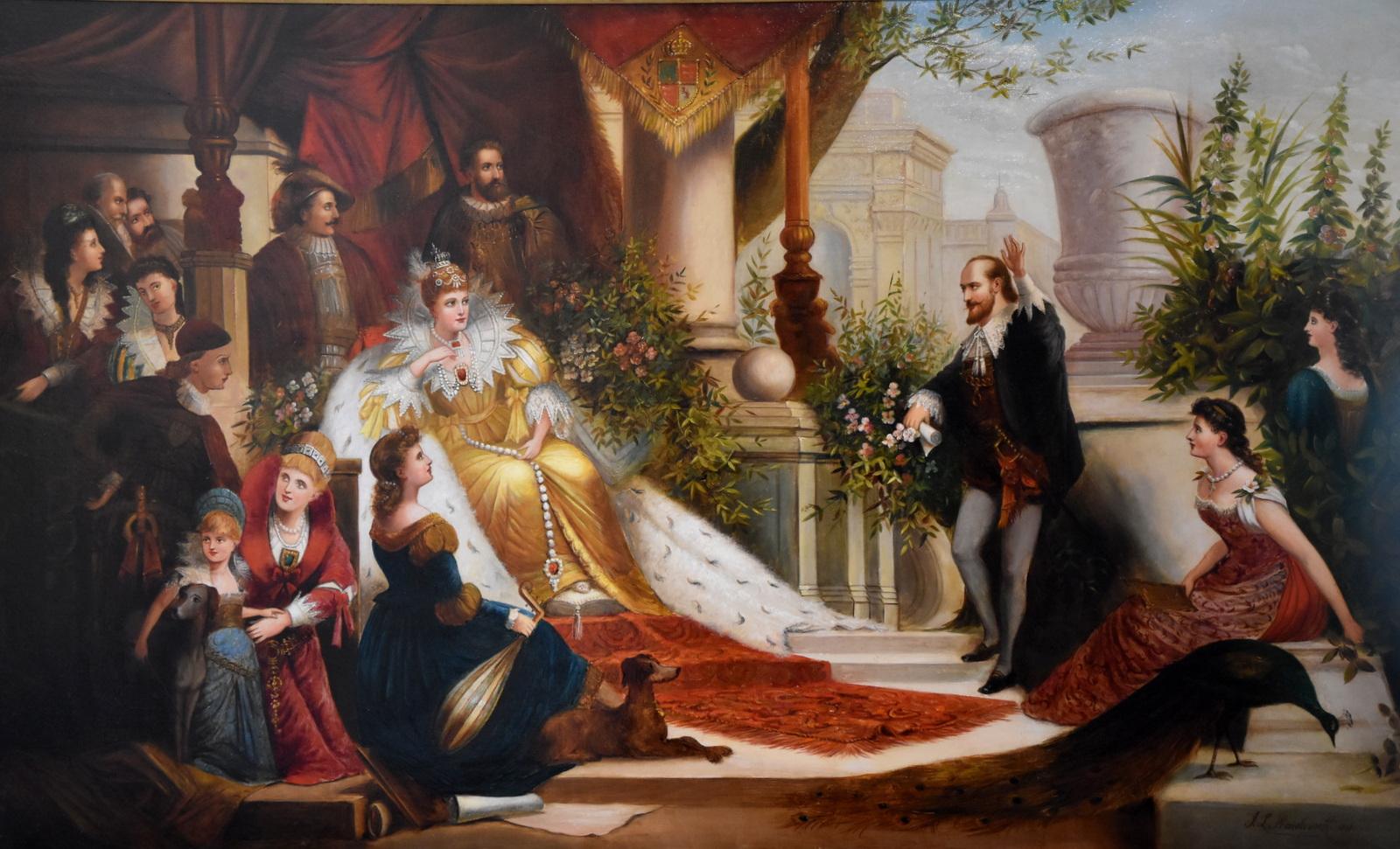 Figurative Painting Jack Wardleworth - Peinture à l'huile de Jack Leigh Wardleworth « Sir Walter Raleigh tenant la couronne de la reine Elizab