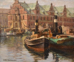 Oil Painting by Axel Johansen "A Busy Harbour"