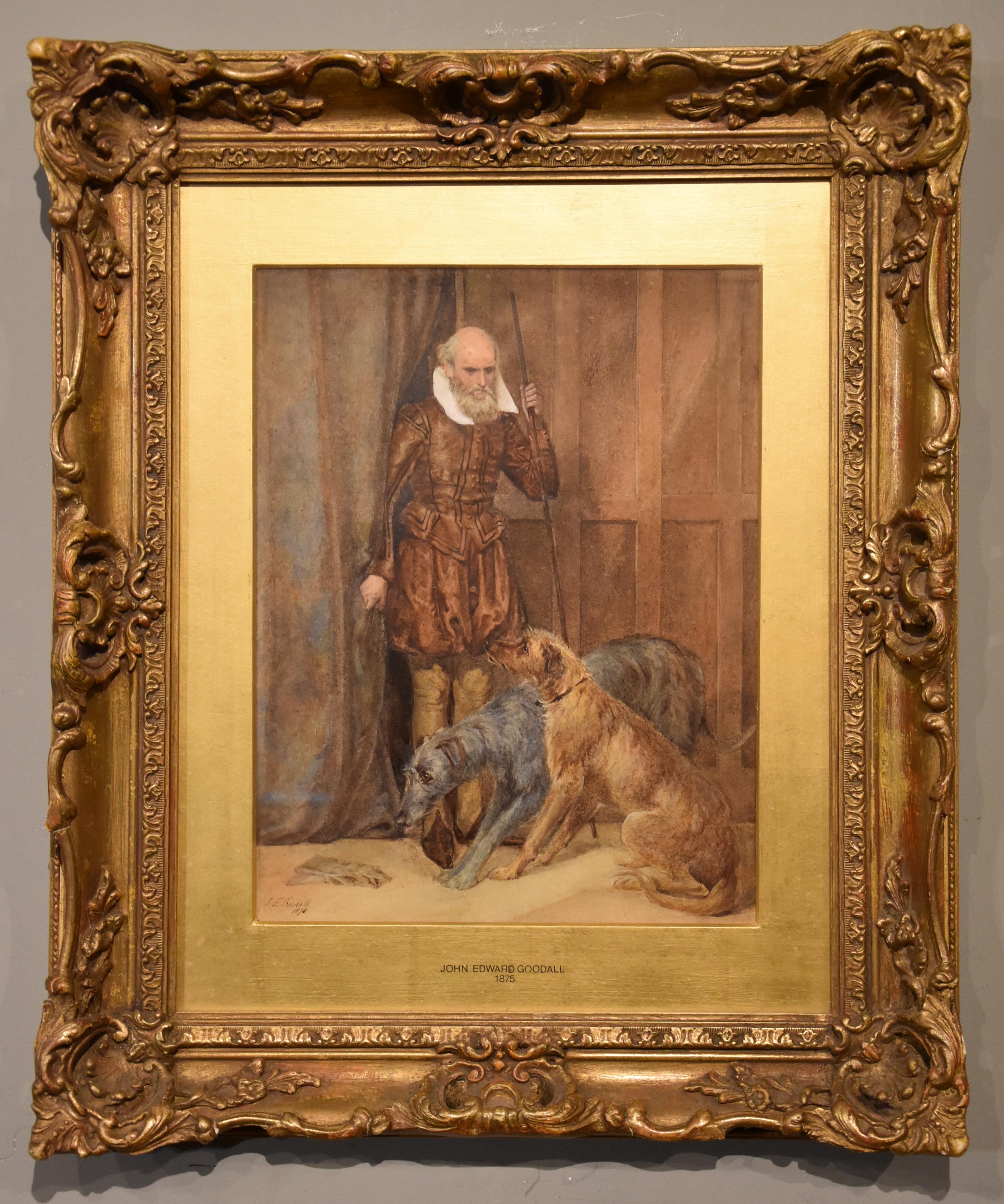 Watercolour by John Edward Goodall "The Keeper of the Hounds" 1875 -1901 John was a London painter of historical and rustic figurative scenes exhibiting 15works at the Royal society and 7 at the Royal Academy. Watercolour signed and dated