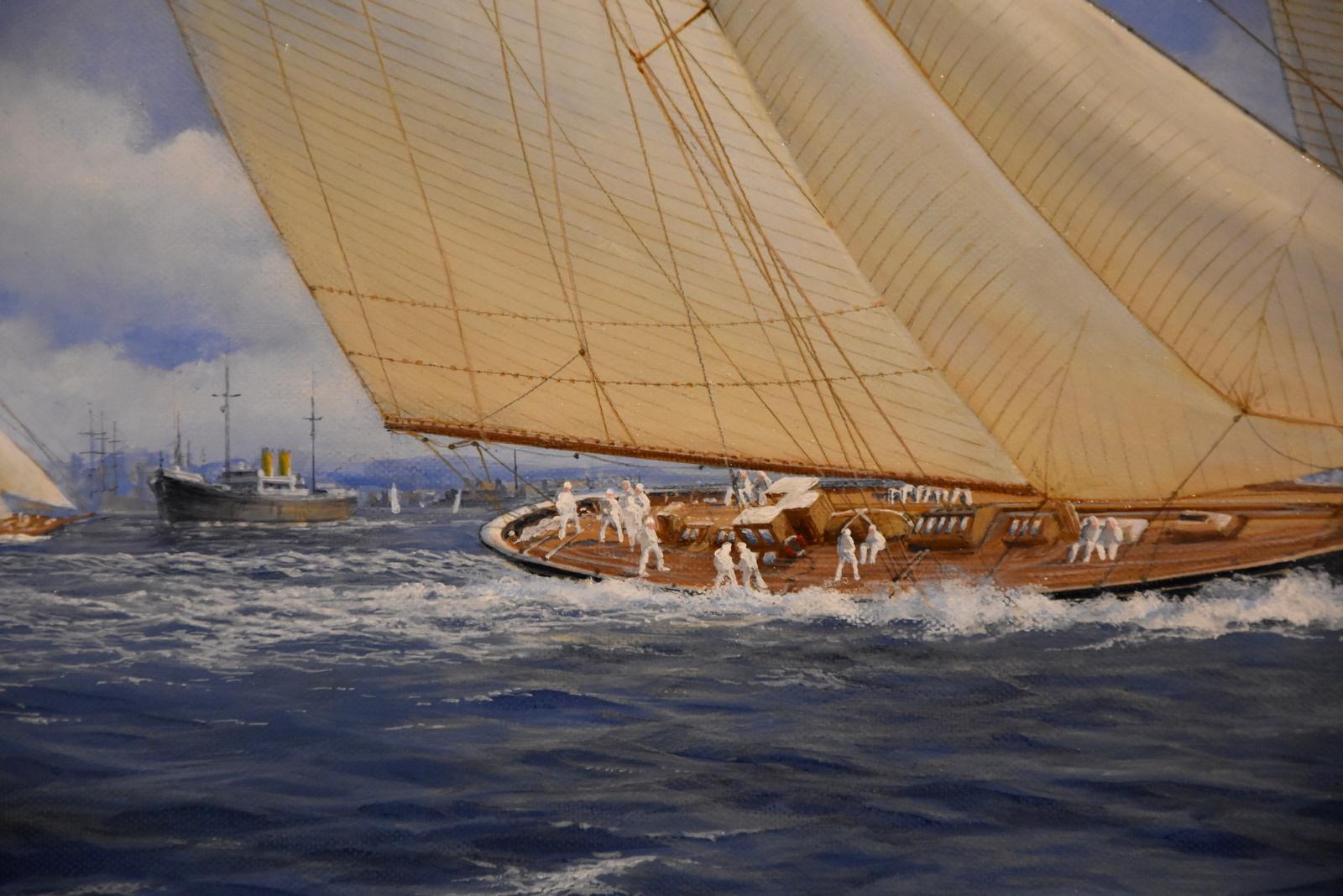 “Britannia Racing Lulworth” by John J Holmes. John Holmes was born in 1938 and became a fine painter of Americas cup yachting views. Lived Edinburgh, Then Tynmouth. Oil on canvas. Signed and inscribed verso.

Dimensions unframed
height 24