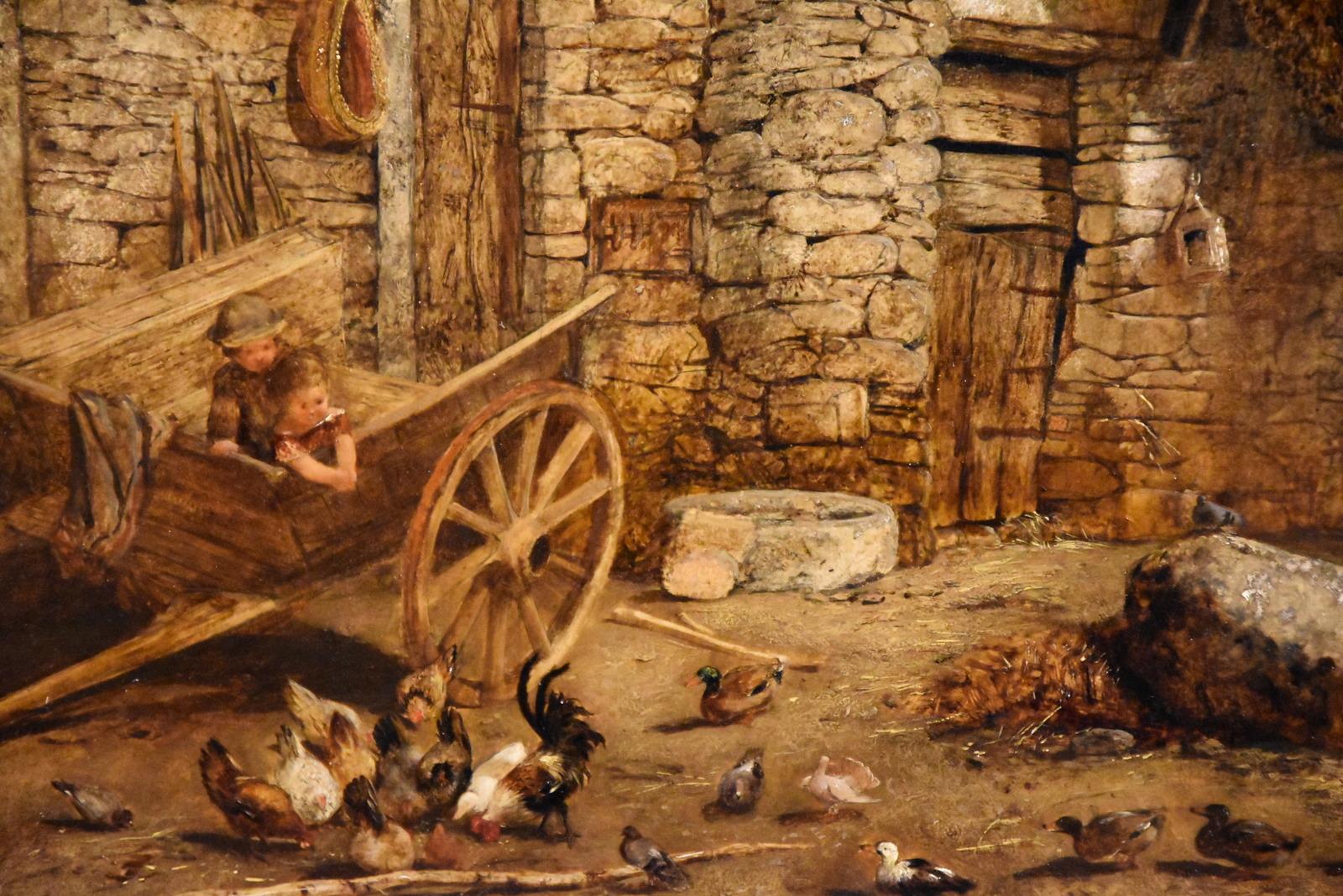 Oil Painting by John Henry Dell “Feeding the chickens” Rural Victorian 2