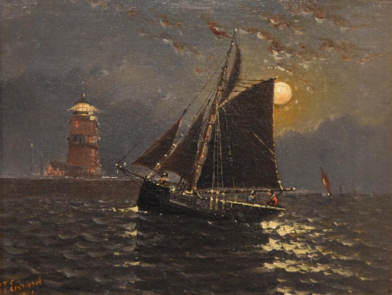 “Coastal Scene by Moonlight” by John James Everard who flourished between 1870 and 1900. He painted attractive coastal views on a small scale often showing the changing light of day. Oil on canvas. Signed and dated 1884 original frame

Dimensions