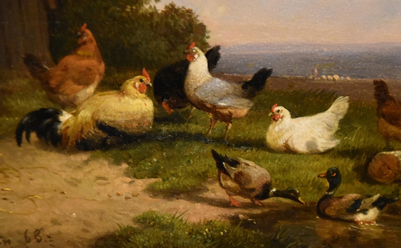 Oil Painting by Cornelius Van Leemputten “Chickens in Landscape”. Cornelius van Leemputten 1841-1902Painter of low countries scenes, cattle, sheep and primarily poultry. From a large family of painters. Oil on panel . Signed and dated