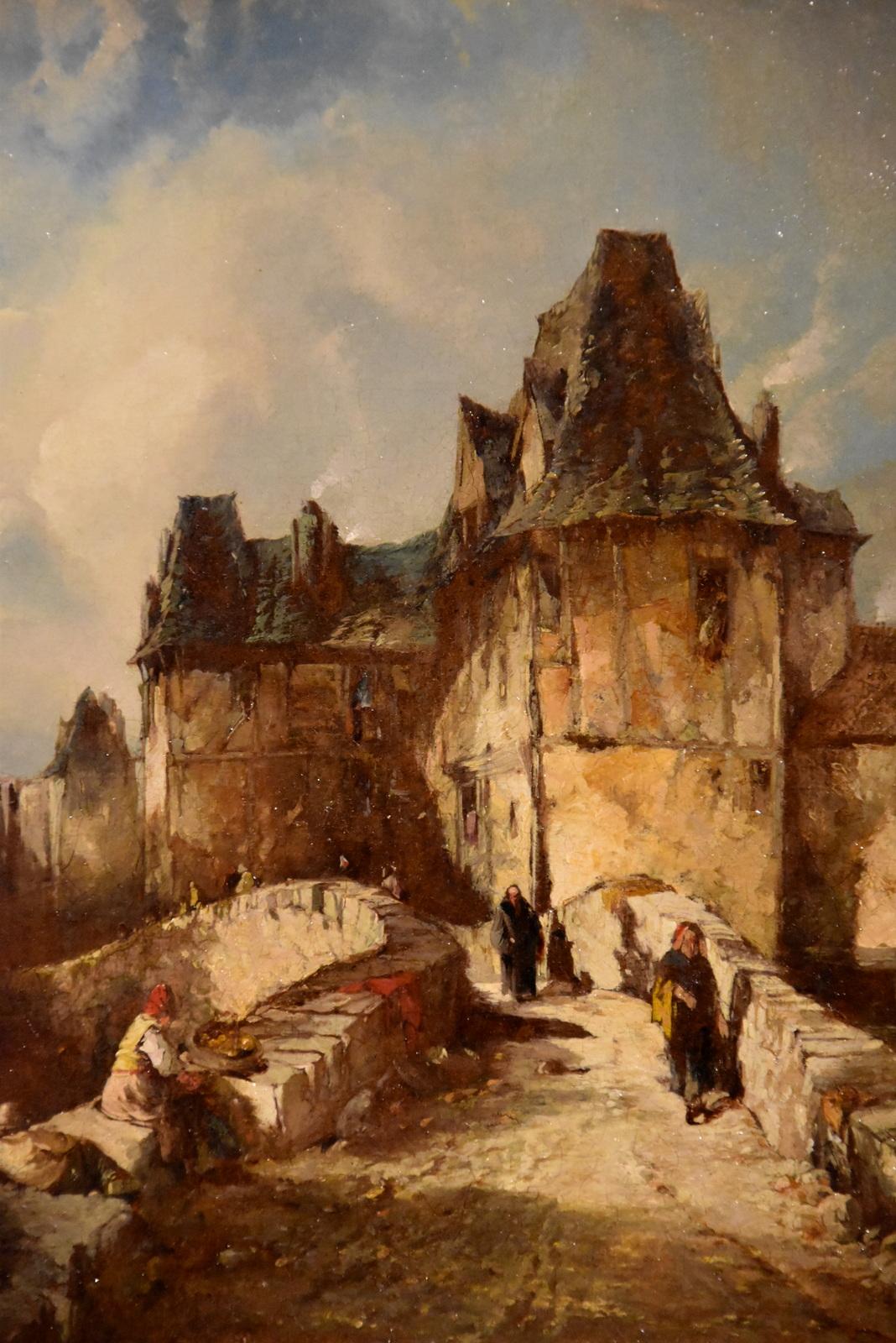 “A Back Street in Rouen” by Alfred Montague, R. B. A. Alfred Montague exhibited 1832-1863. He was a leading member of the Royal Society of British Artists with over 150 exhibited works. Oil on board. Signed and dated 1864 in fine period