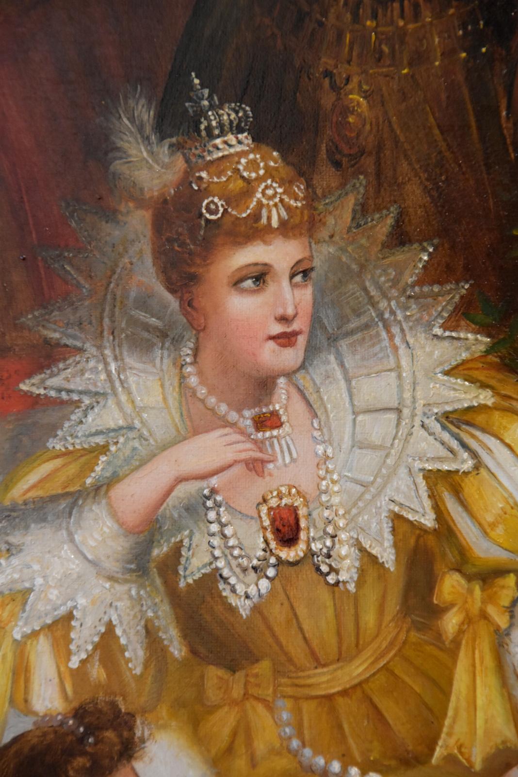 Peinture à l'huile de Jack Leigh Wardleworth « Sir Walter Raleigh tenant la couronne de la reine Elizab en vente 3