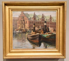 Oil Painting by Axel Johansen "A Busy Harbour"