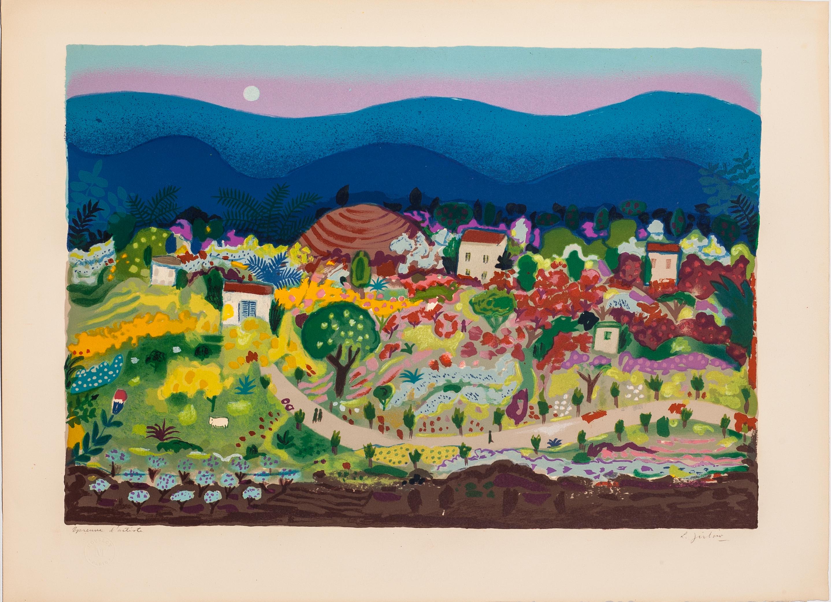 Tonos morados y azules crean una puesta de sol sobre montañas azules que se asientan sobre un pintoresco pueblo en esta preciosa y pintoresca litografía vintage del artista sueco Lennart Jirlow. Esta litografía original está firmada y anotada