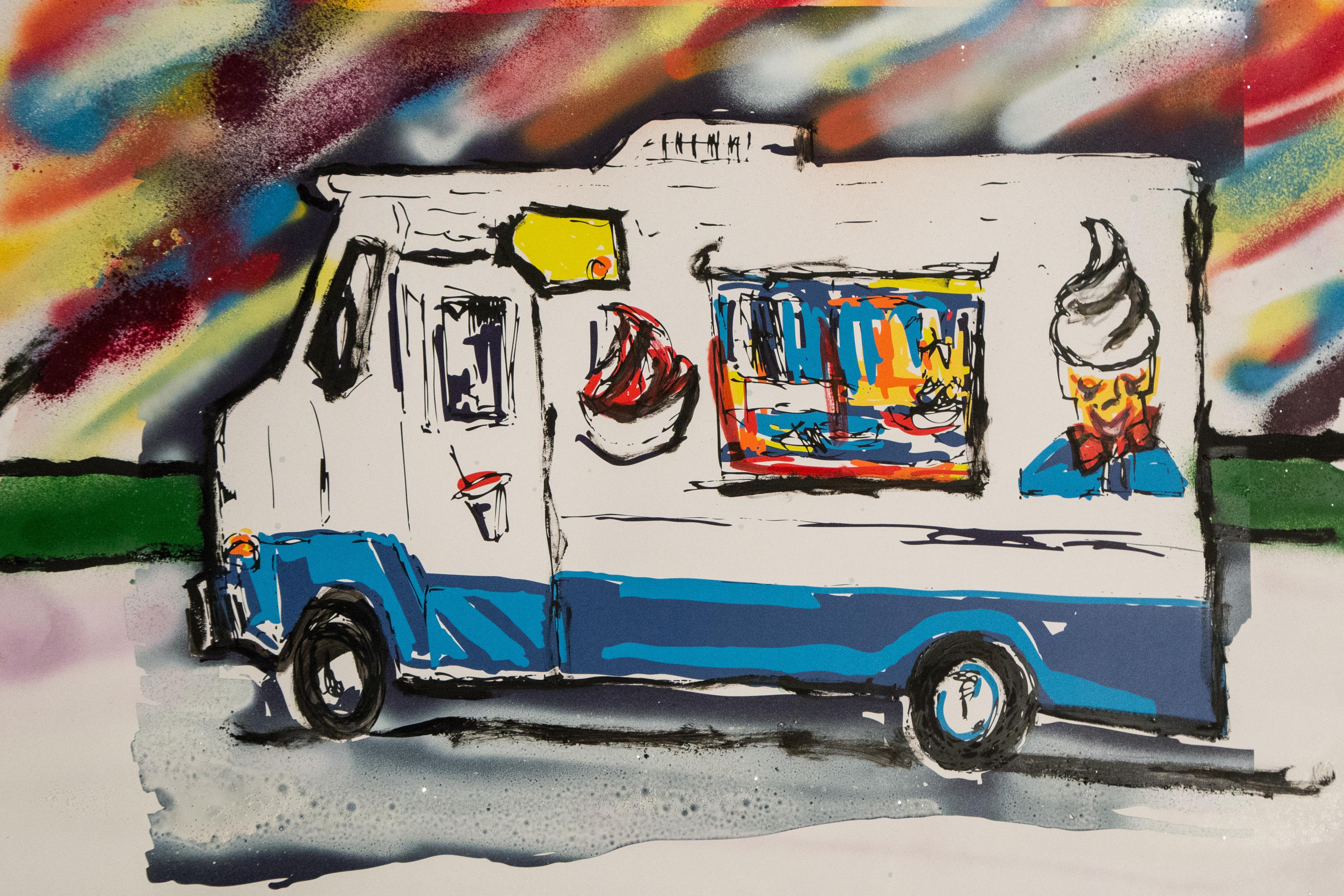 Ice Cream Truck 1, Ölfarbe auf Original-Siebdruck. – Mixed Media Art von M. Schorr