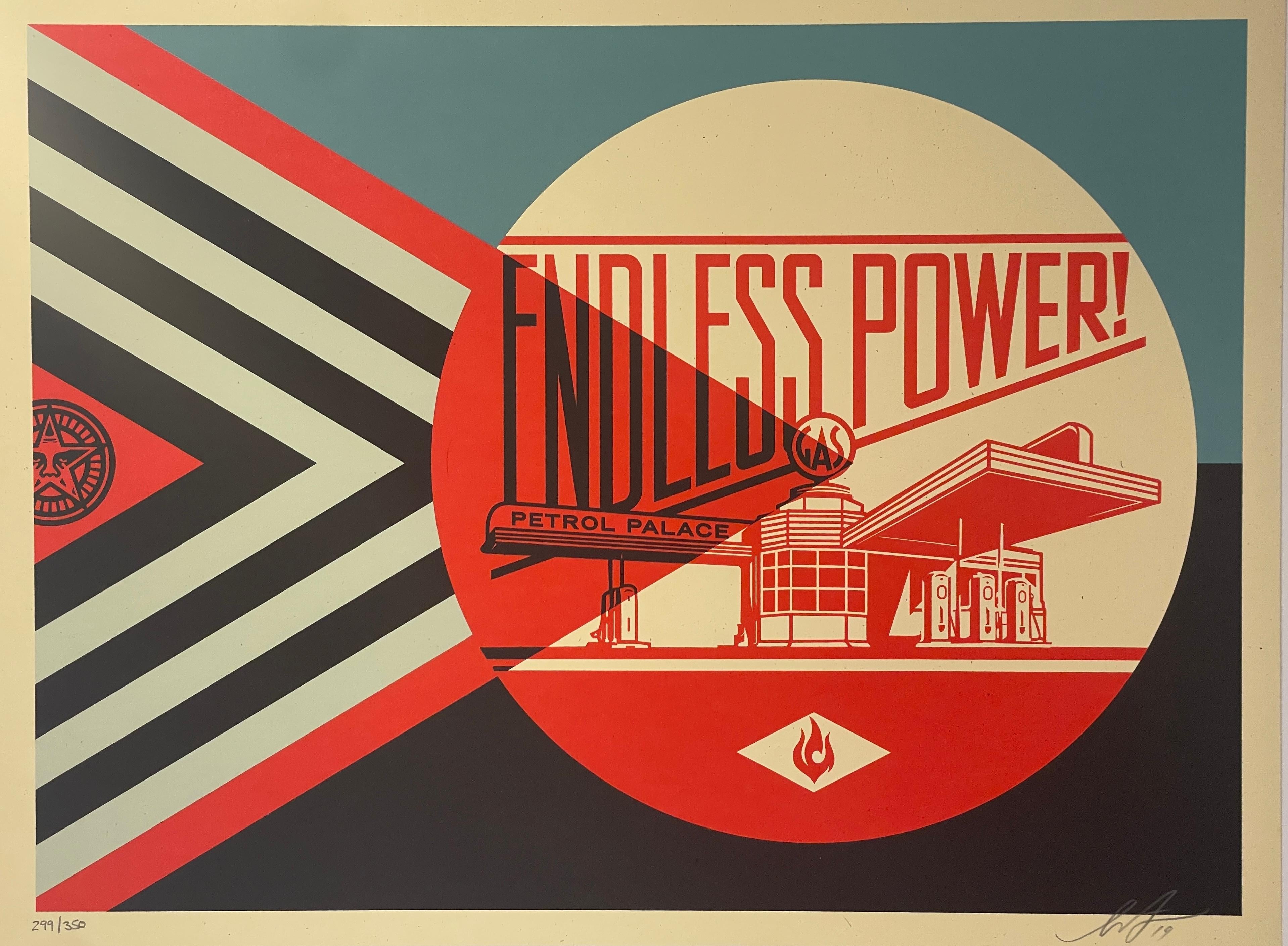 "Das Plakat 'Endless Power Petrol Palace' ist sowohl eine Feier als auch eine Kritik an der verführerischen grafischen Propaganda der Erdölindustrie. Ich habe diesen Druck so gestaltet, dass er sich wie eine alte Anzeige anfühlt, die den Reichtum
