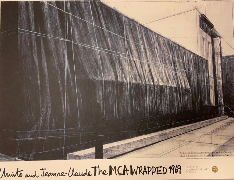 Limited-edition poster commemorates Christo's exhibition Wrap In Wrap Out, which took place at the MCA’s original location on 237 East Ontario Street. The project became the first public building Christo and his wife, Jeanne-Claude, wrapped in the
